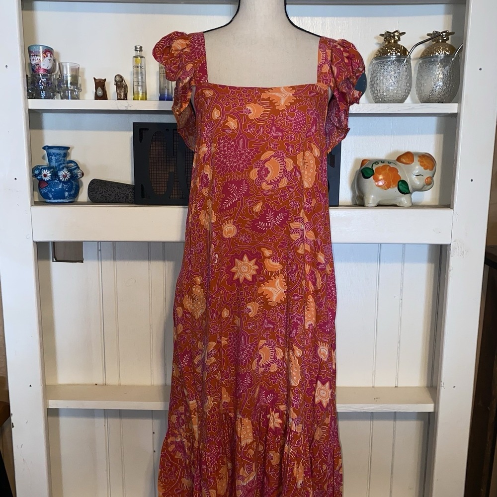 House Of Harlow 1969 Orange And Pink Floral Flutter Sleeves Midi Dress Medium
